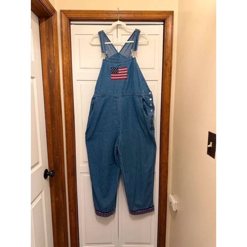 Denim & Co. 100% Cotton American Flag Embroidered Denim Bib Overalls.
